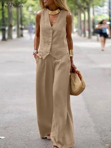 ZANZEA 2025 Women's Elegant 2 Pieces Pant Sets Old Money Style Vest Tops & Pants 2pcs Suits Outfits Wide Leg Trouser Sets Summer