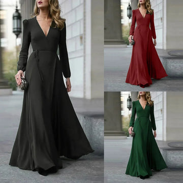 Slimming Long Sleeve V-Neck Maxi Dress Women's Skirt Floor-Length Polyester Fiber Regular Waistline A- Line Gown
