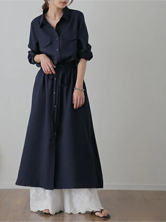 Solid Color Shirts Long Dresses Women Fashion Casual Lapel Long Sleeve Drawstring Elastic Waist Dress Female Commuting Clothing