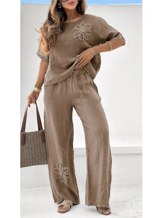 Summer Women Elegant Solid Embroidered Pants Set 2025 Crop Top+High Waist Loose Trousers Lady Office Casual 2 Pieces Set Clothes