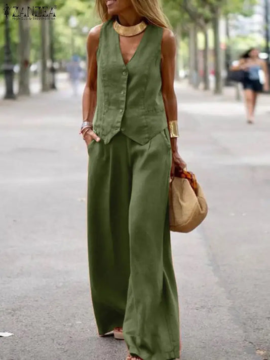 ZANZEA 2025 Women's Elegant 2 Pieces Pant Sets Old Money Style Vest Tops & Pants 2pcs Suits Outfits Wide Leg Trouser Sets Summer