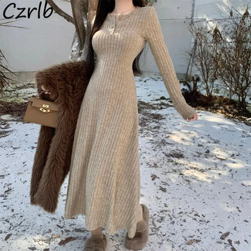Long Sleeve Dresses Women Solid Slim Basic Mid-length All-match Elegant Autumn Winter Vestidos Female Defined Waist Knitting New