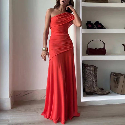 Casual Asymmetrical Dress Summer Slanted Collar High Waist Pleats Long Dress Lady Elegant One Shoulder Sleeve Slim Banquet Dress