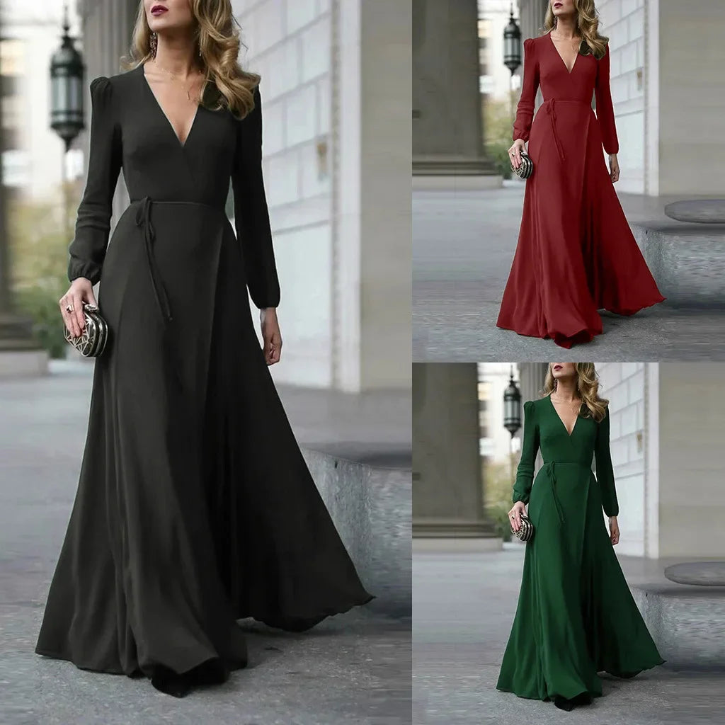Slimming Long Sleeve V-Neck Maxi Dress Women's Skirt Floor-Length Polyester Fiber Regular Waistline A- Line Gown