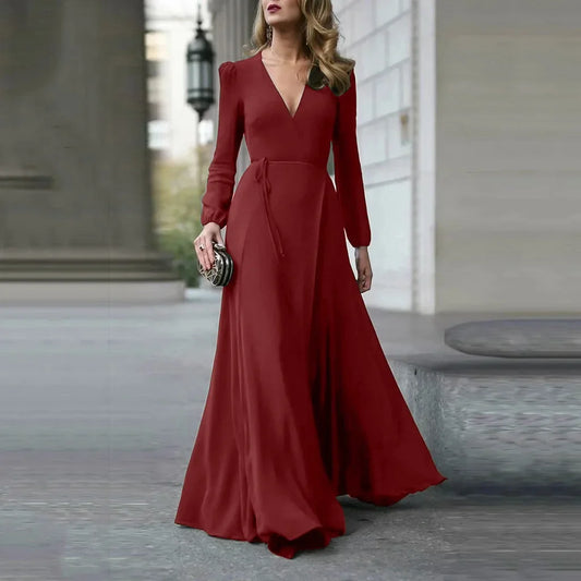 Slimming Long Sleeve V-Neck Maxi Dress Women's Skirt Floor-Length Polyester Fiber Regular Waistline A- Line Gown